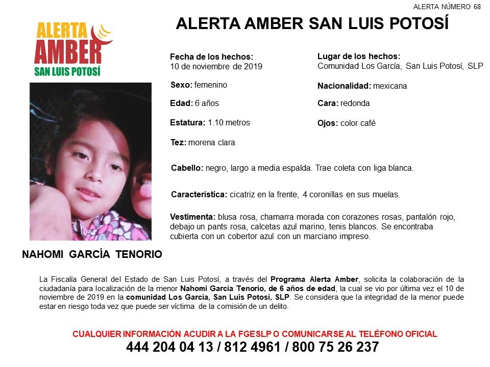 FGE activa alerta AMBER para niña de 6 años de edad en SLP Amanecer